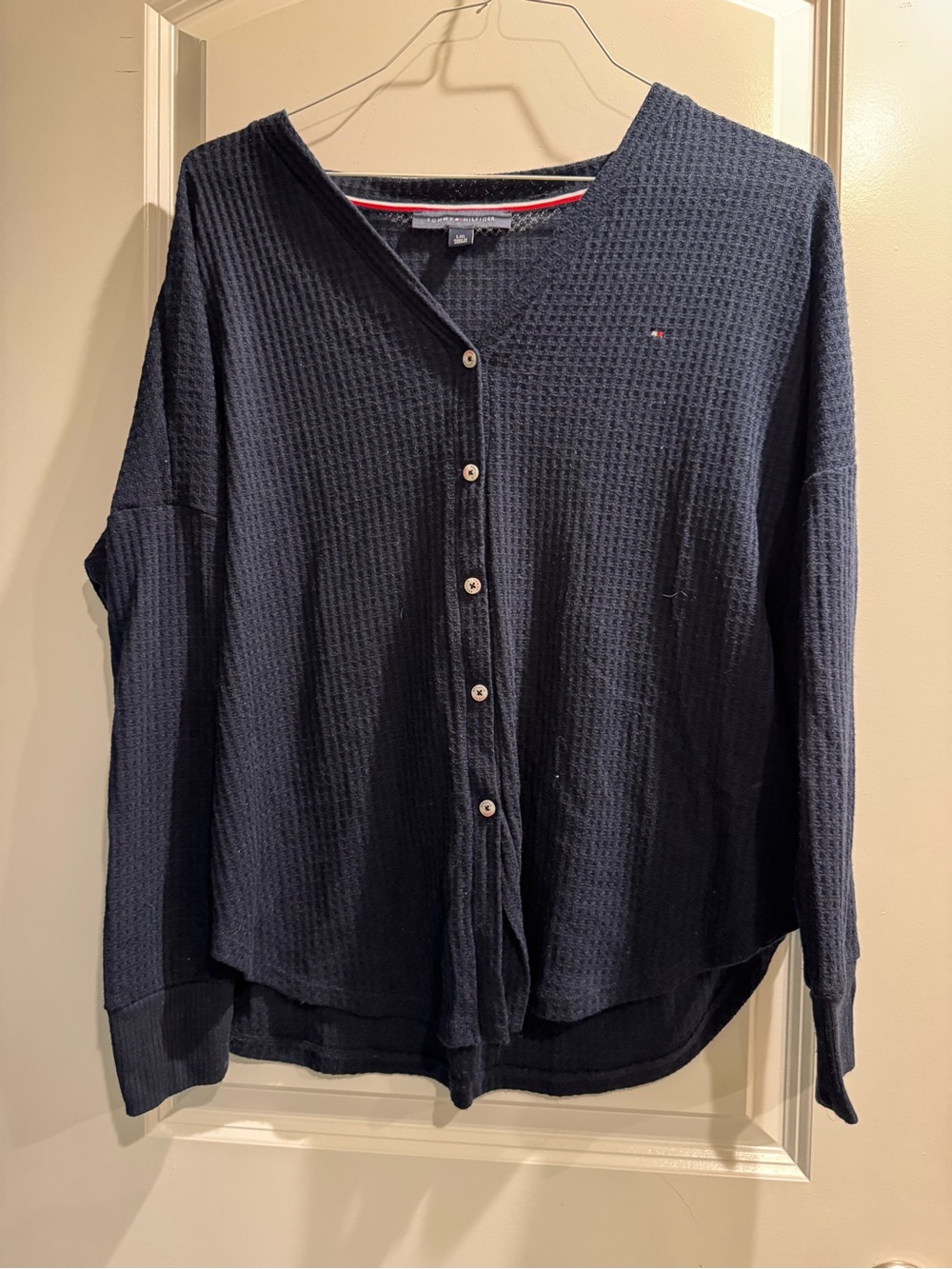 Tommy Hilfiger Navy Waffle-Knit Button Down Top